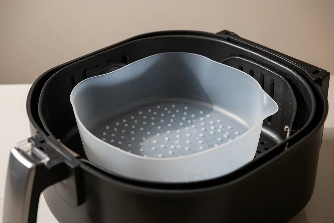 Thin silicone air fryer liner with raised bumps placed inside a basket