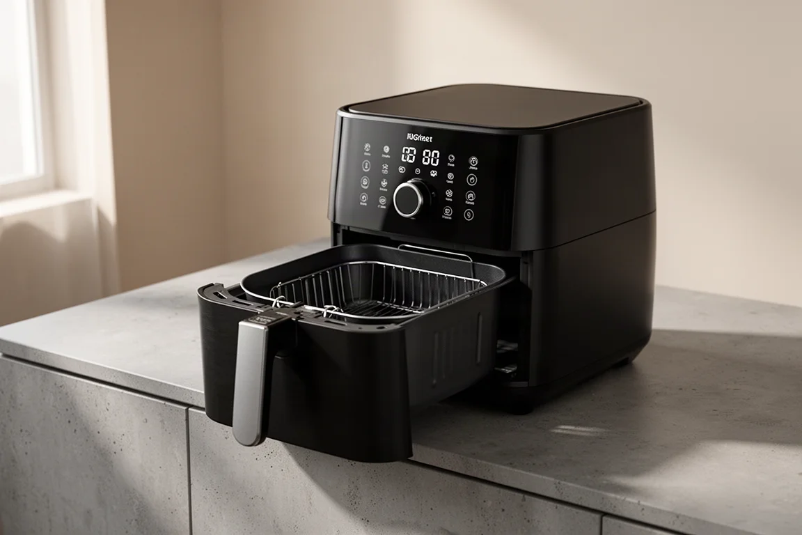 Black drawer-style air fryer with open basket on a concrete kitchen counter