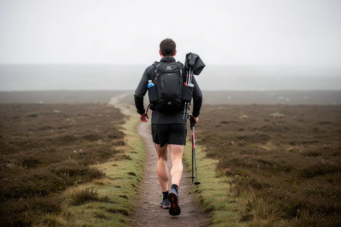Löpare fullt utrustad med en hydration pack på en lång trailrutt