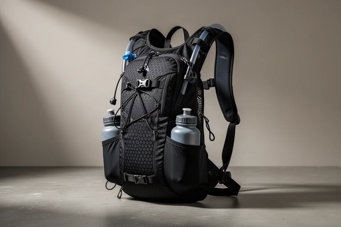 Schwarzer Trailrunning-Trinkrucksack mit Soft Flasks in den vorderen Taschen auf Beton