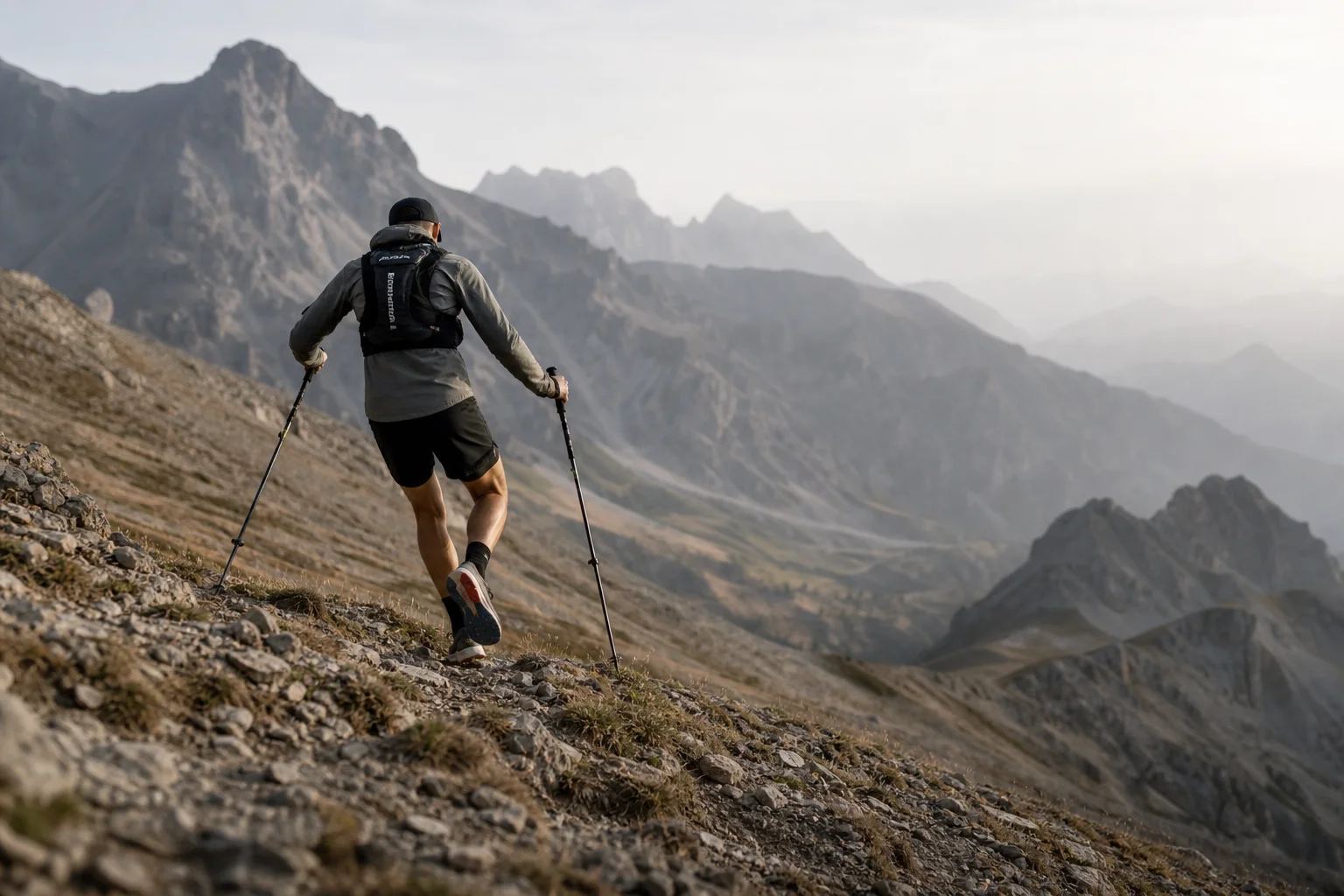 Traileur descendant une pente raide avec des bâtons de trail et un gilet d'hydratation