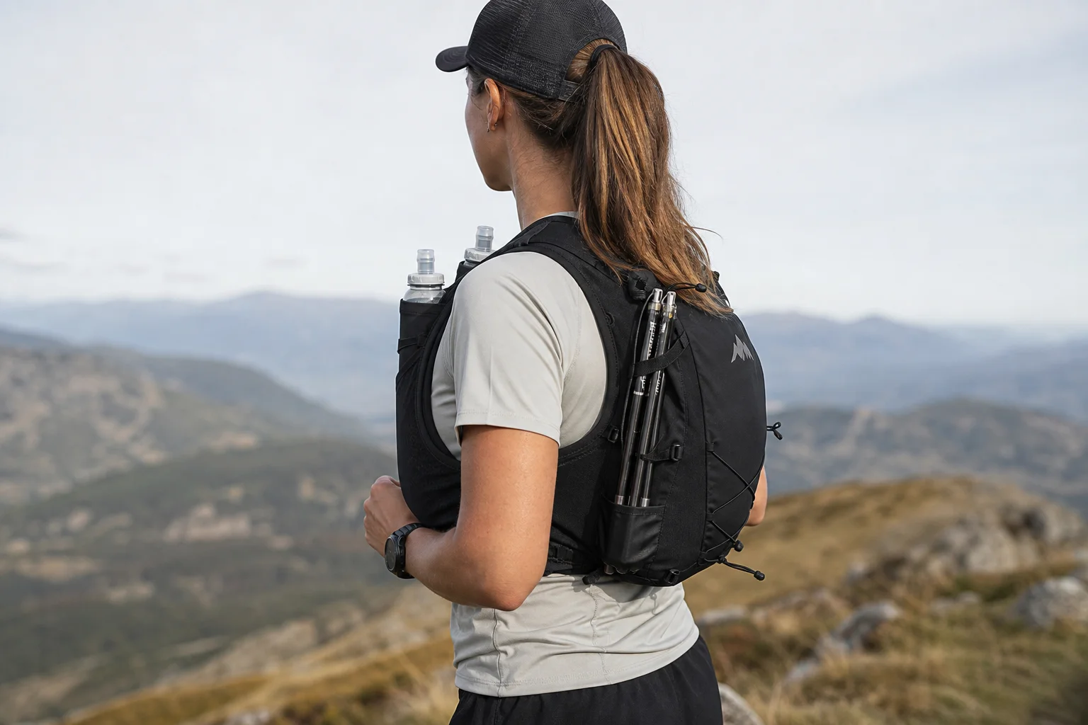 Coureur sur une crête de montagne portant un gilet d'hydratation avec équipement et flasques visibles