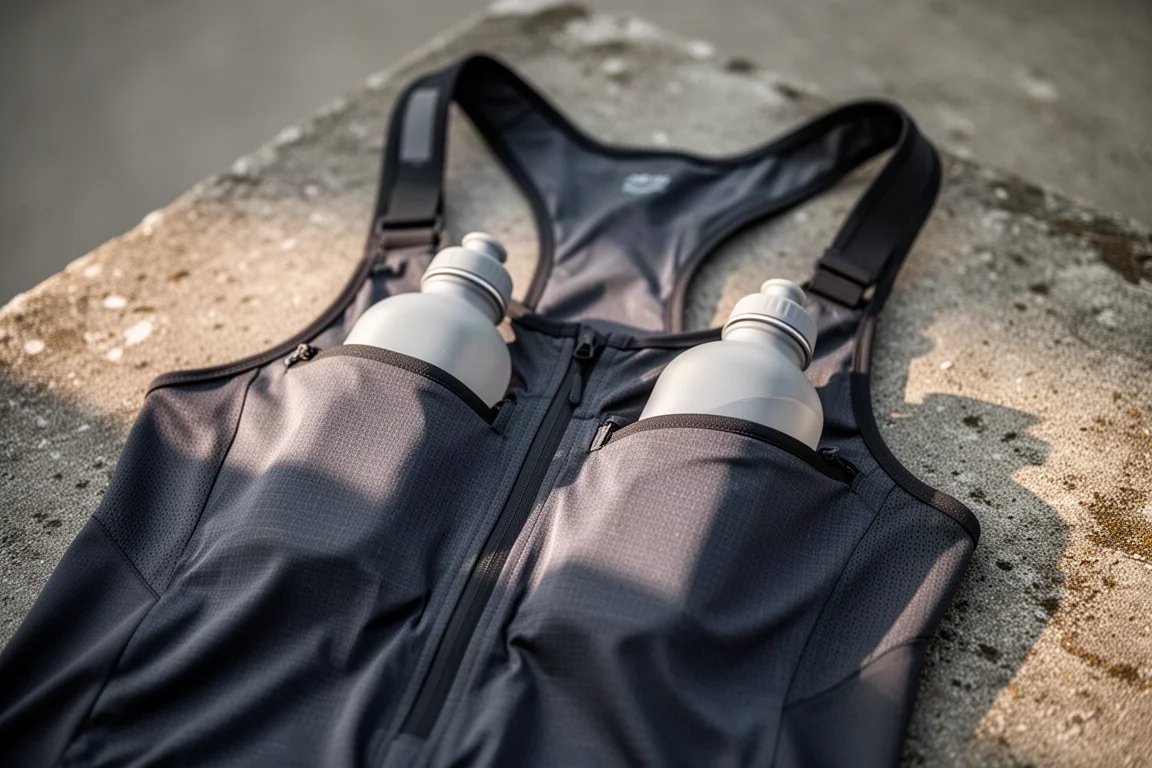 Two soft water bottles seated in the front chest pockets of a dark technical running vest