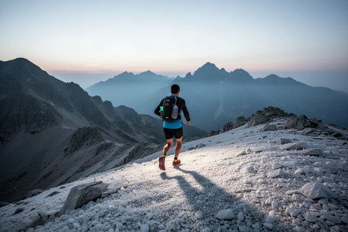 Fastpacker moving along a rocky alpine ridge at dusk with a loaded running pack