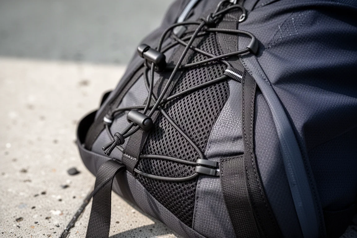 Close-up of side bungee tensioning straps and breathable mesh on a running pack