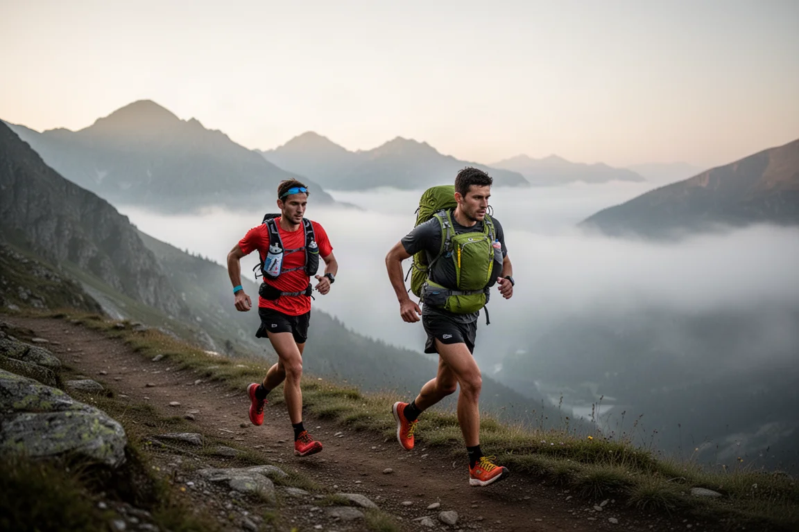 Two trail runners on a high mountain path at first light, one with a race vest