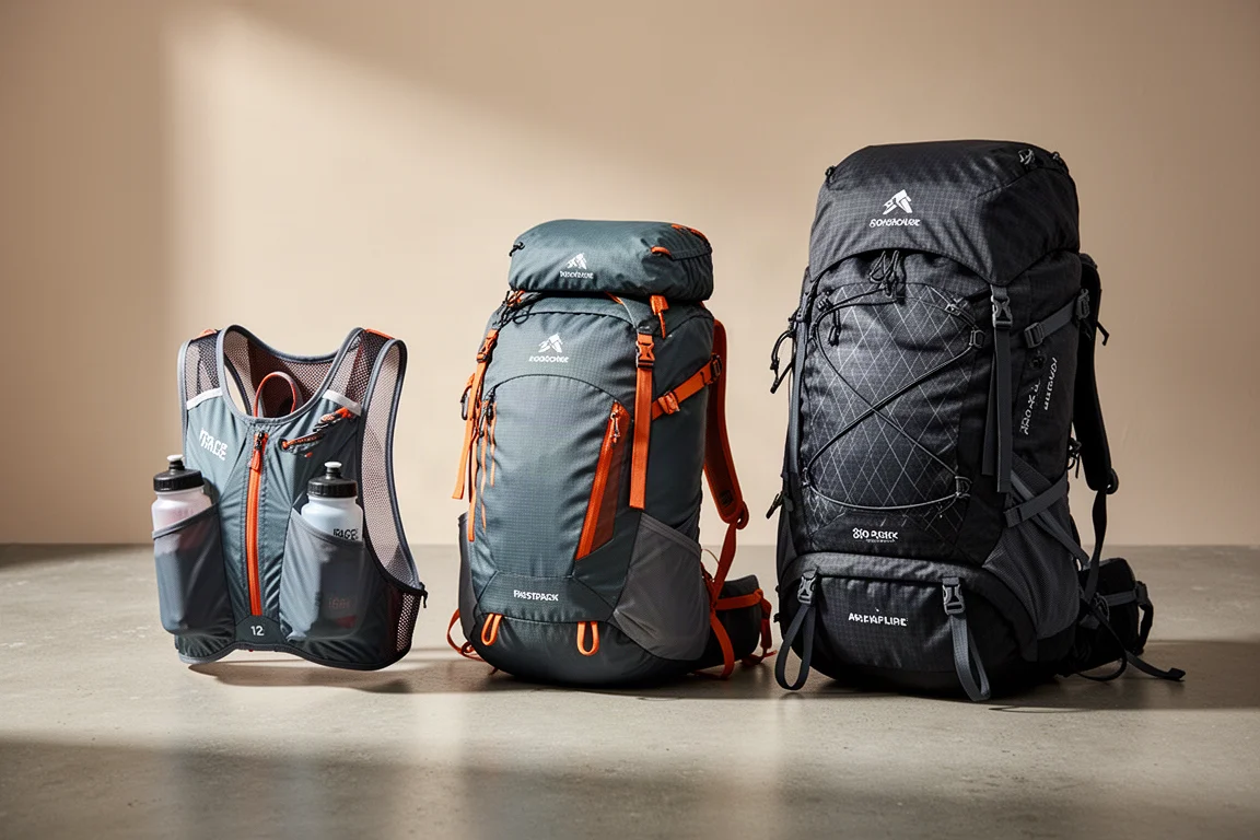 Three Instinct trail running packs in different sizes arranged on a concrete surface