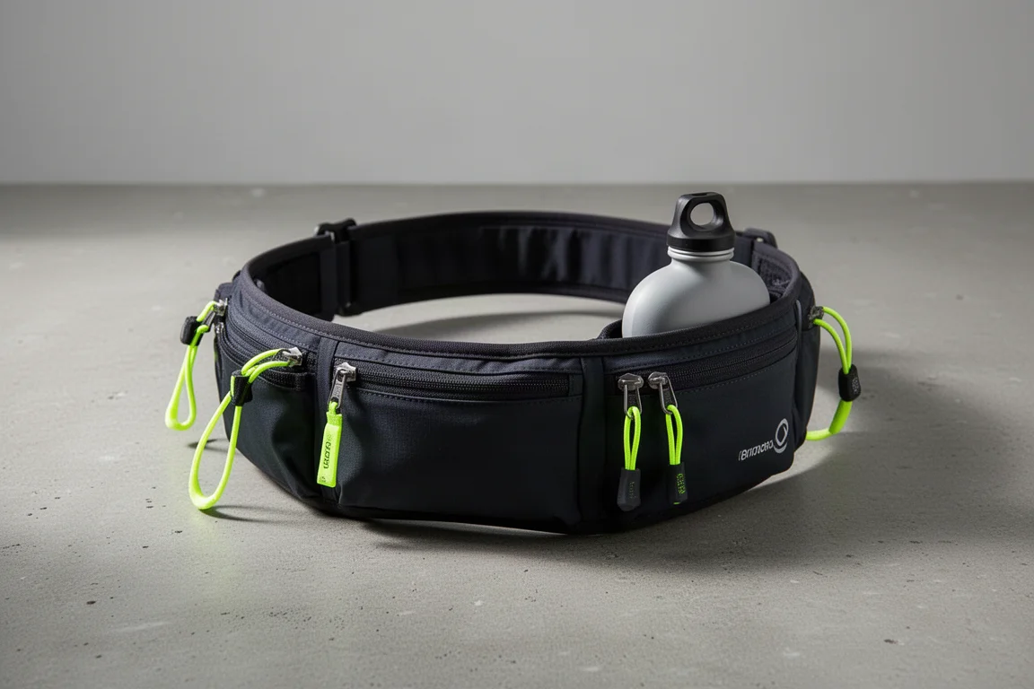 Black stretchy trail running belt with multiple pockets laid flat on concrete