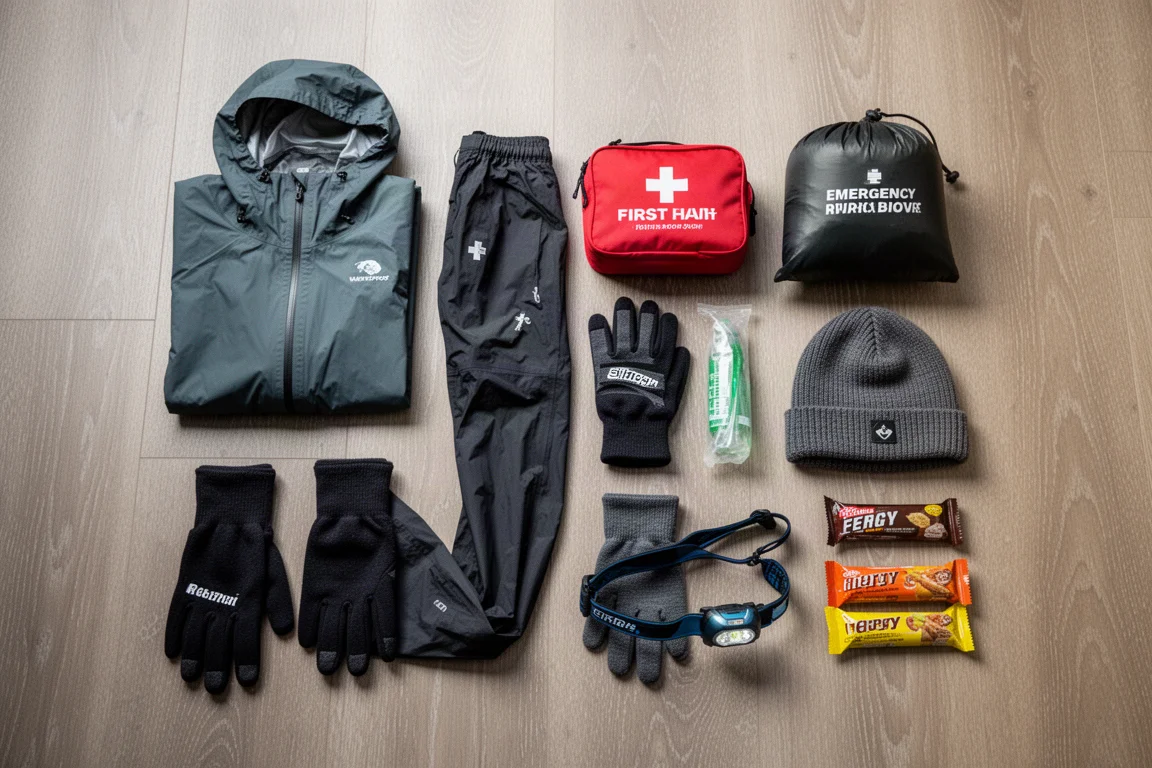 Equipo de trail running extendido sobre un suelo de madera listo para guardarse en un chaleco