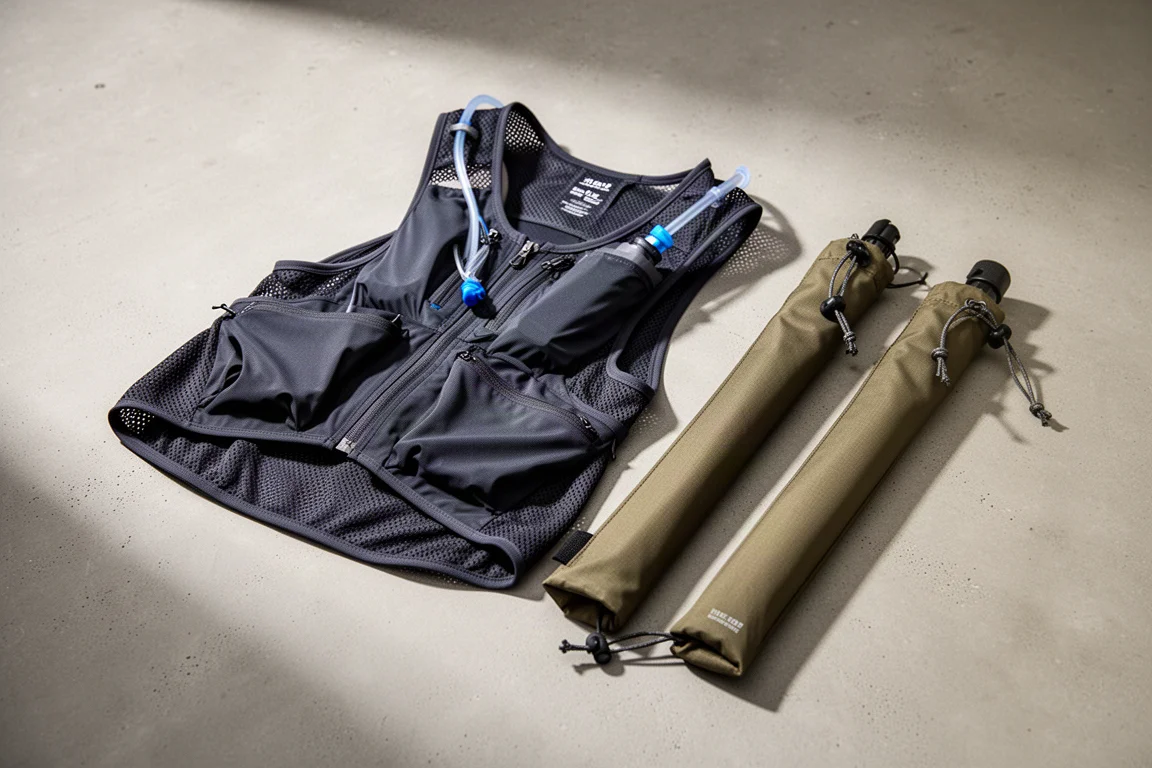 Instinct X10L hydration vest and dual pole quivers arranged on a concrete surface
