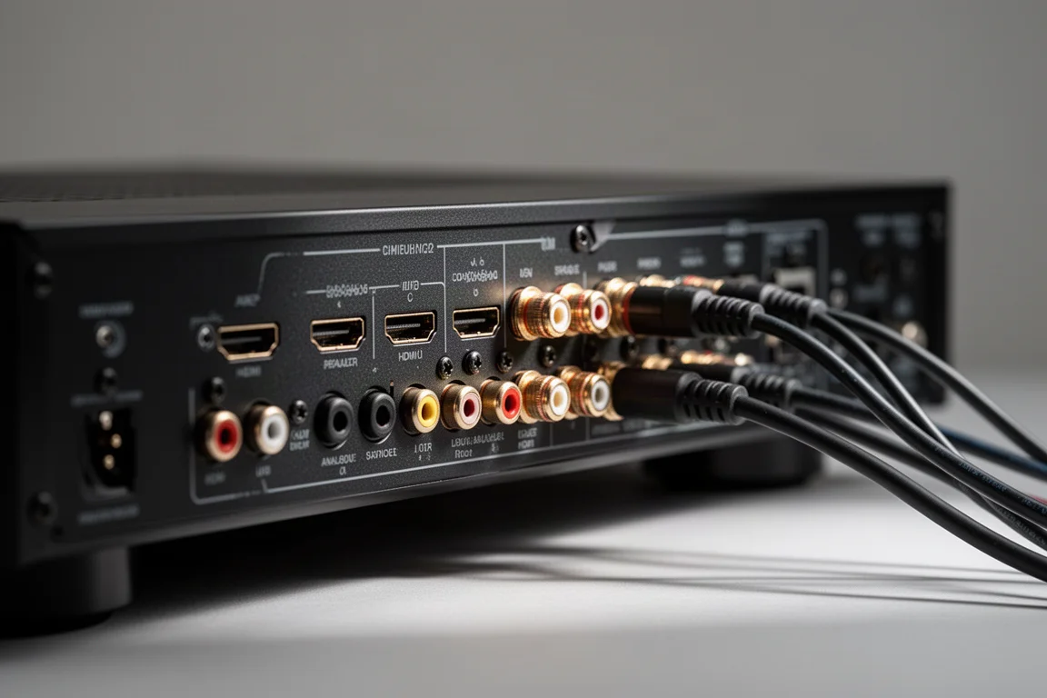 Närbild på receiverns baksida med HDMI-portar, högtalarterminaler och dragna kablar