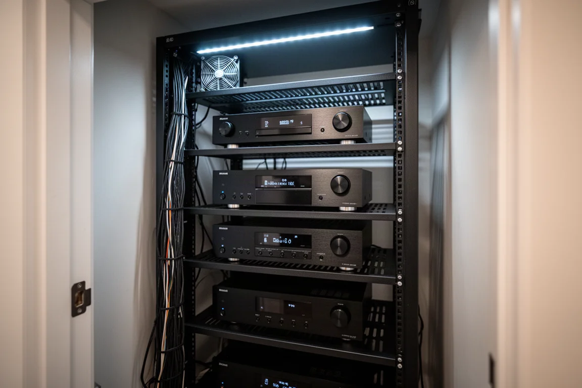 Utrustningsställ i ett mediaskåp med flera svarta AV-receivers och prydliga kablar