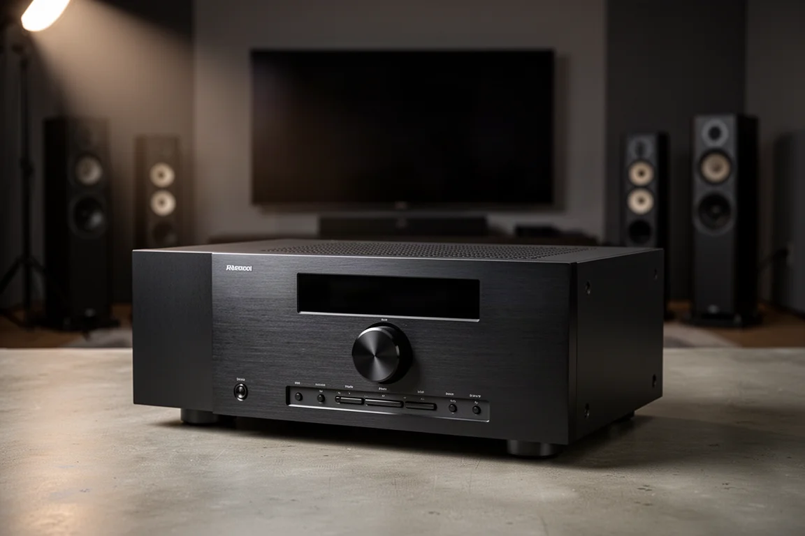 Black AV receiver with brushed front panel on a concrete surface in a dark living room