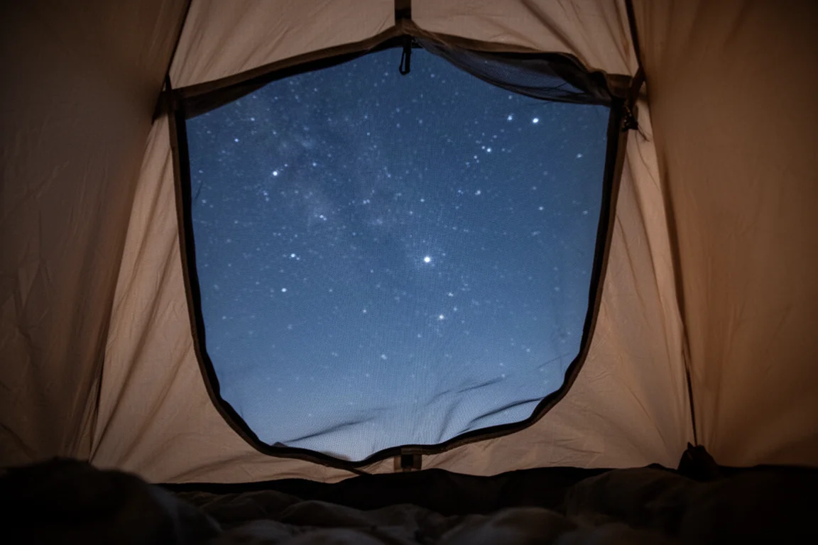 透过露营袋网布看向星空的视角
