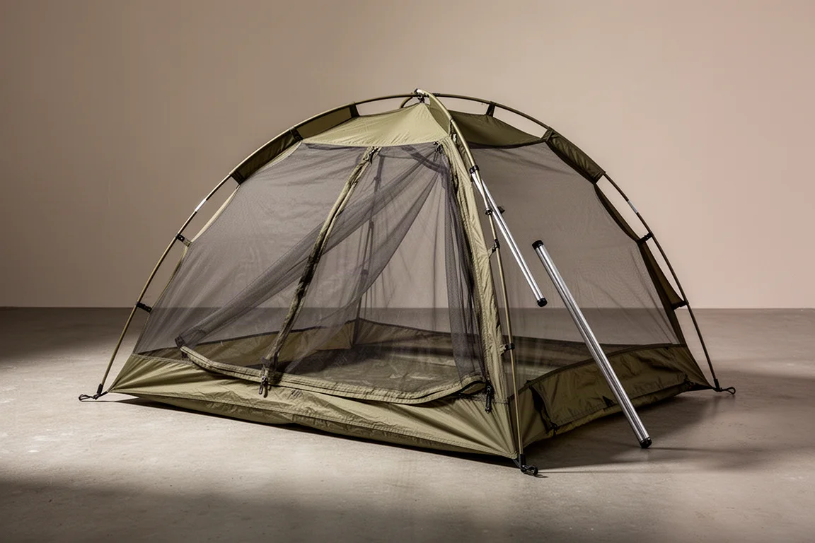 Single-pole hooped bivvy bag with mesh bug net pitched on a neutral studio surface