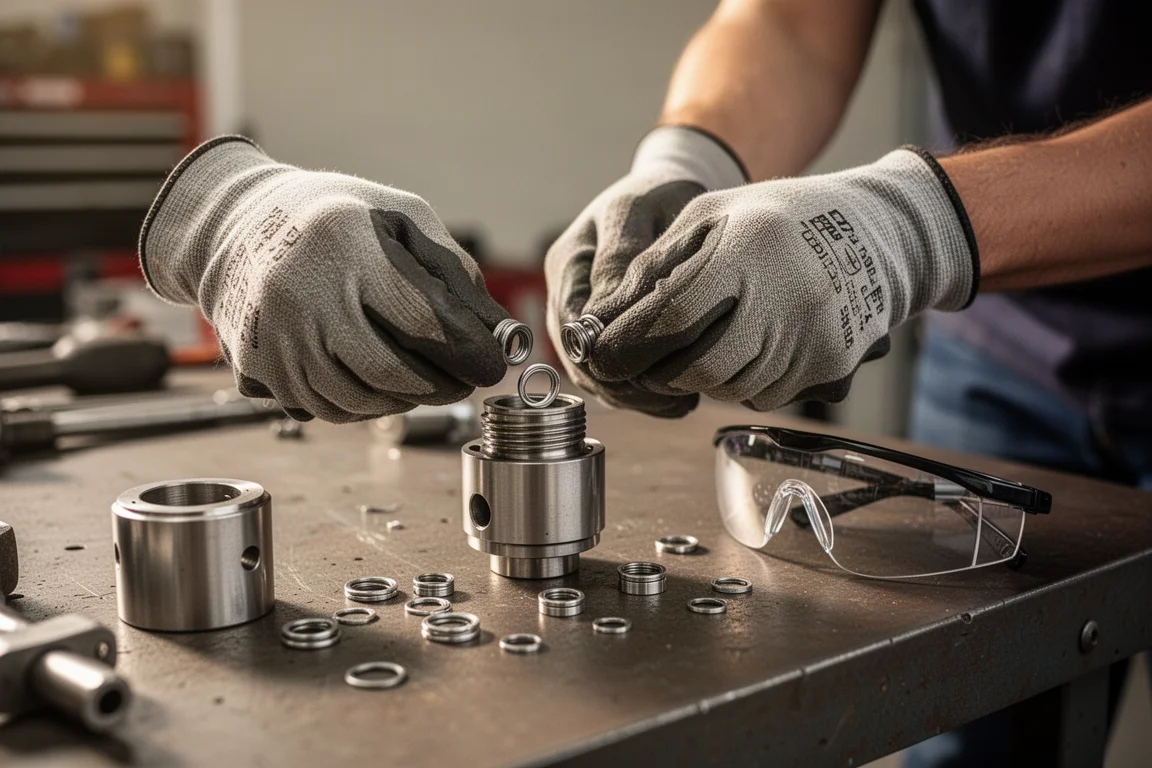 Mécanicien portant des lunettes de sécurité travaillant avec des anneaux de retenue dans un atelier