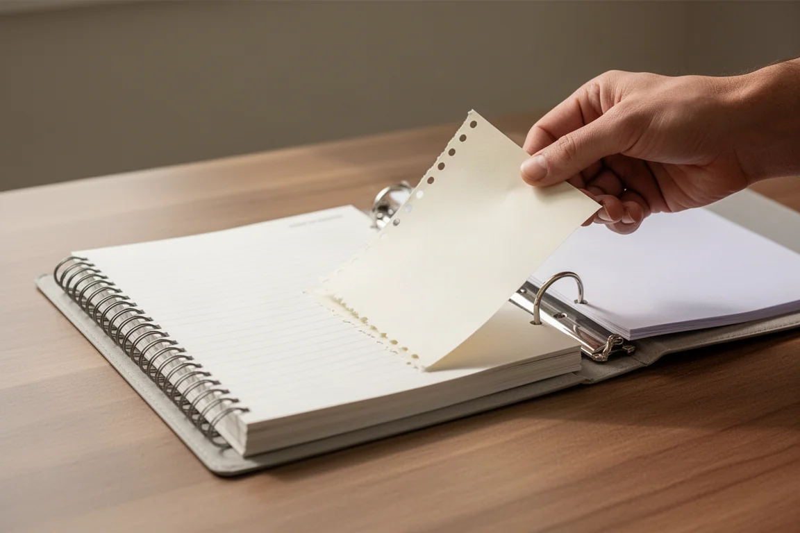 Una mano arranca una hoja suelta de un cuaderno de anillos metálicos junto a un archivador abierto