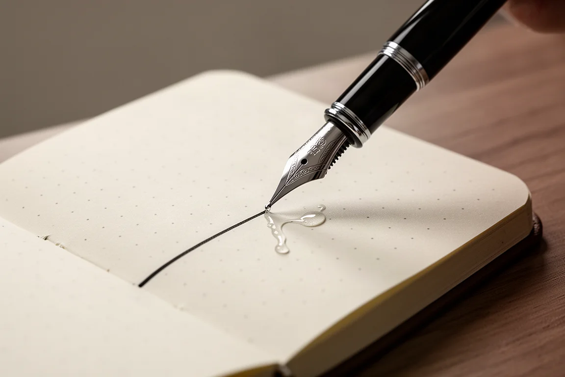 Una pluma estilográfica escribe sobre papel ultrisuave en un cuaderno de cuadrícula de puntos