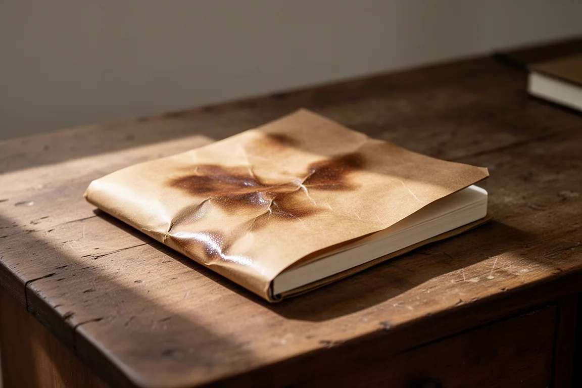 Portada de cuaderno de kraft encerada que se pule con el uso diario sobre un escritorio de madera