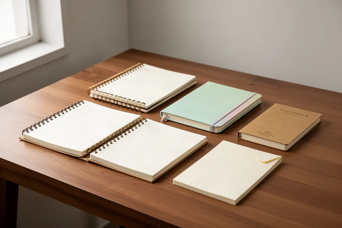 A collection of Japanese notebooks arranged on a wooden desk