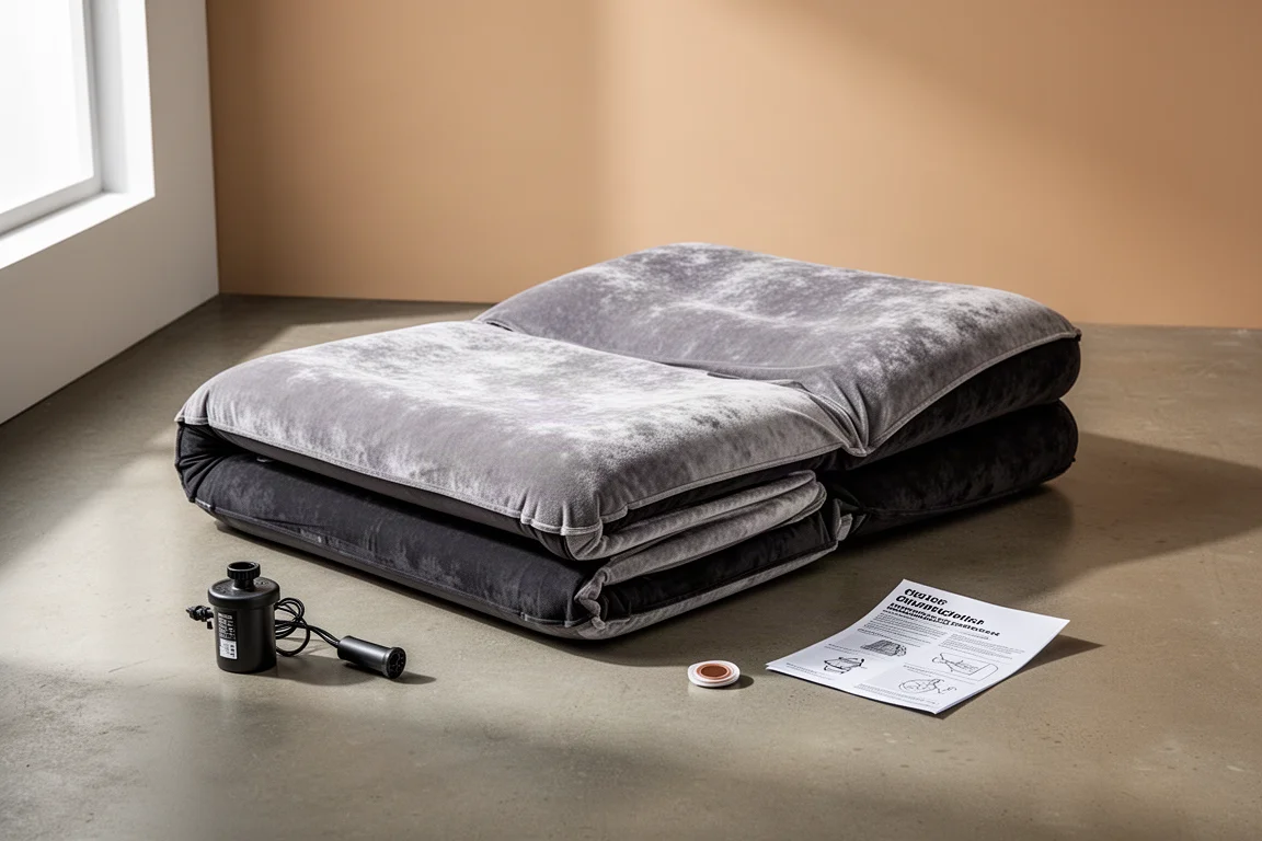 Folded two-person camping air mattress with pump and repair patch on concrete floor