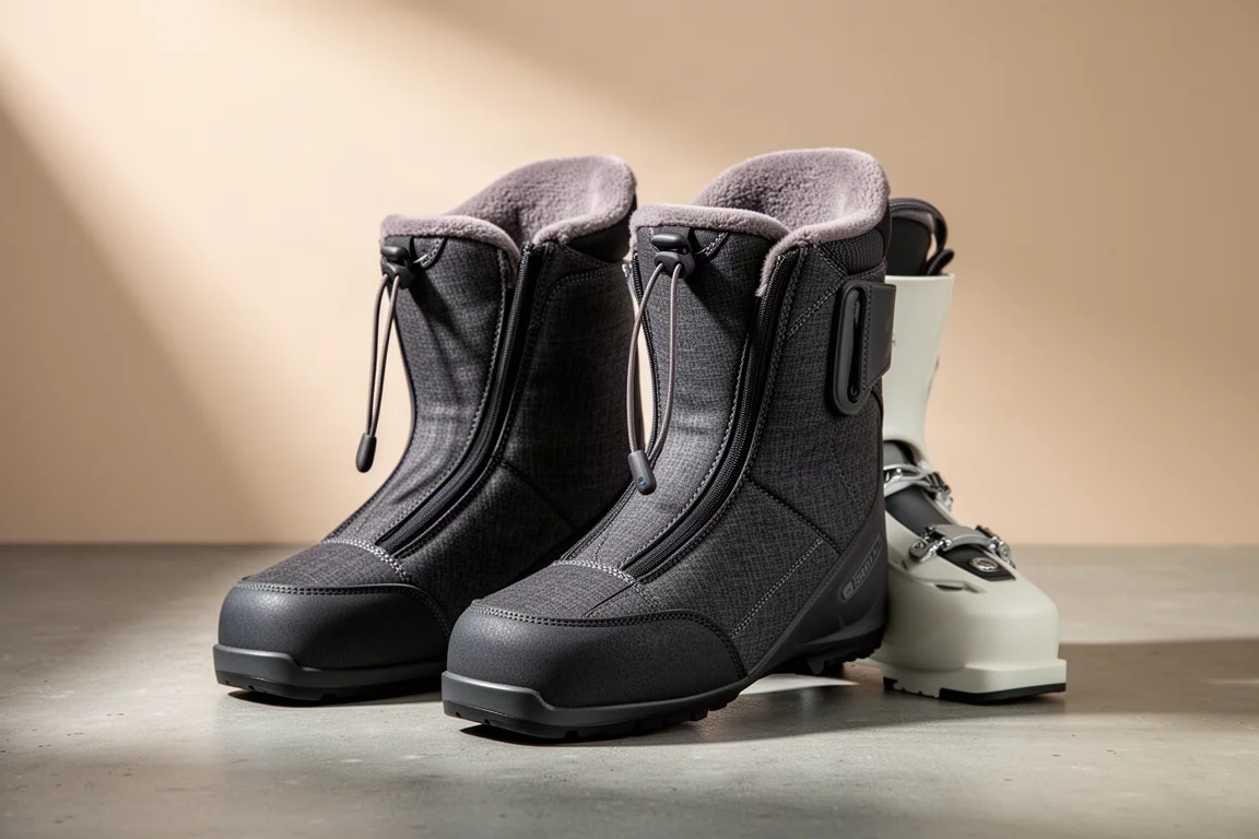 Ski boot liners beside a ski boot shell on a concrete surface