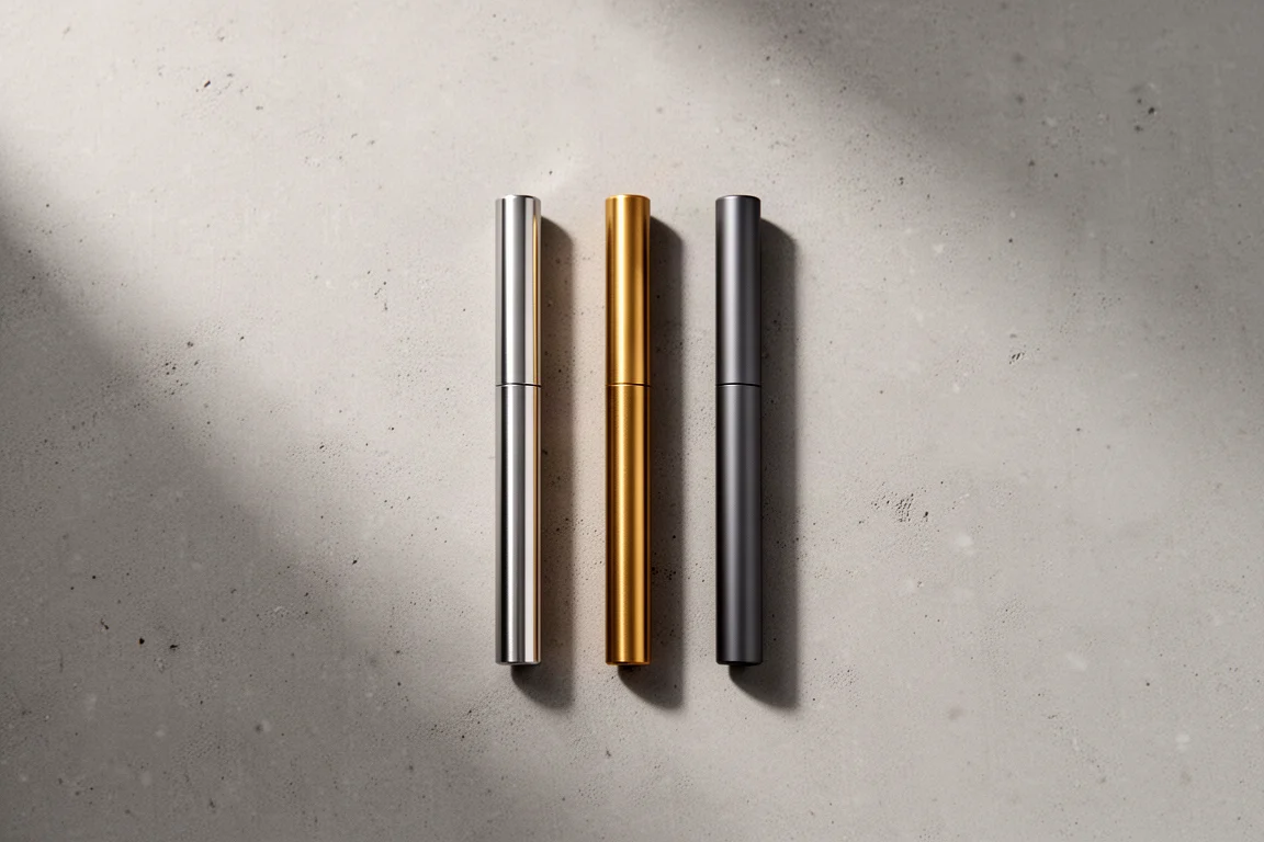 Three metal pens in stainless steel, brass, and dark aluminum finishes on a desk