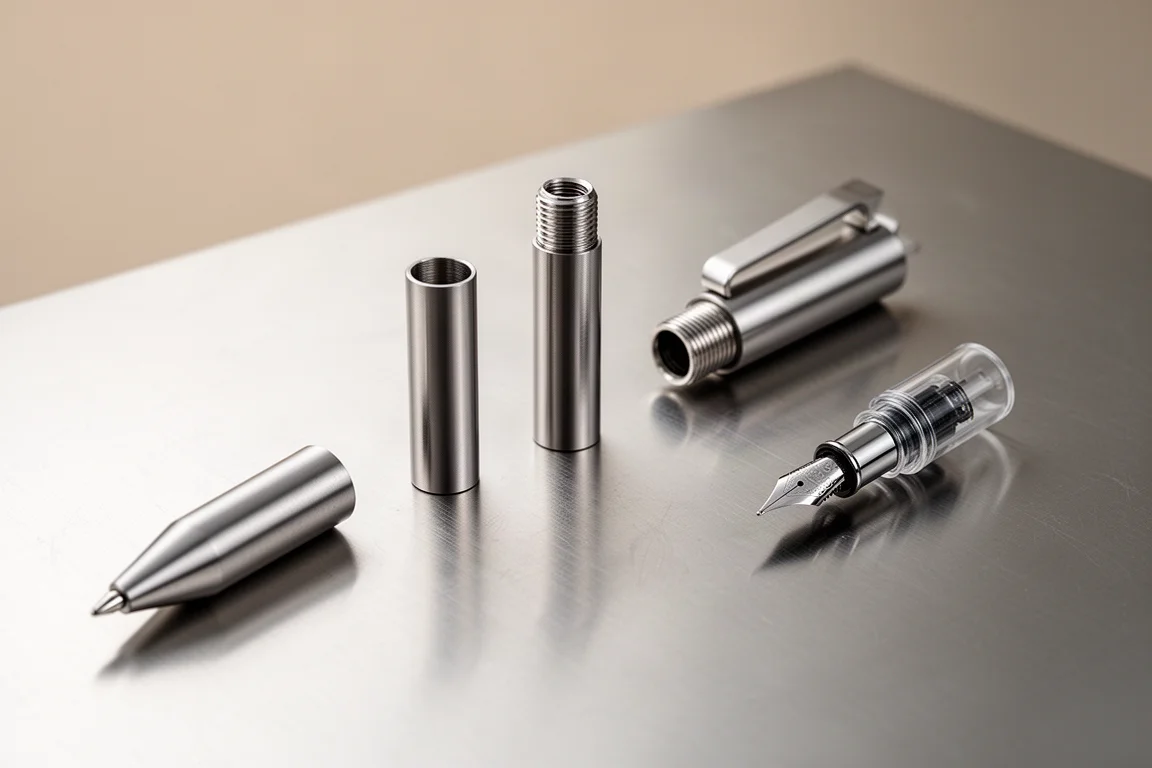 Disassembled pen components laid out showing the removable extender section