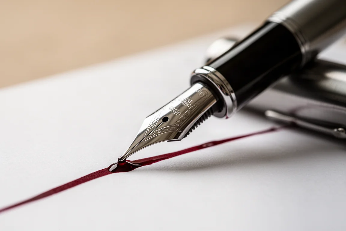 Handwritten fountain pen writing sample on white paper with red ink