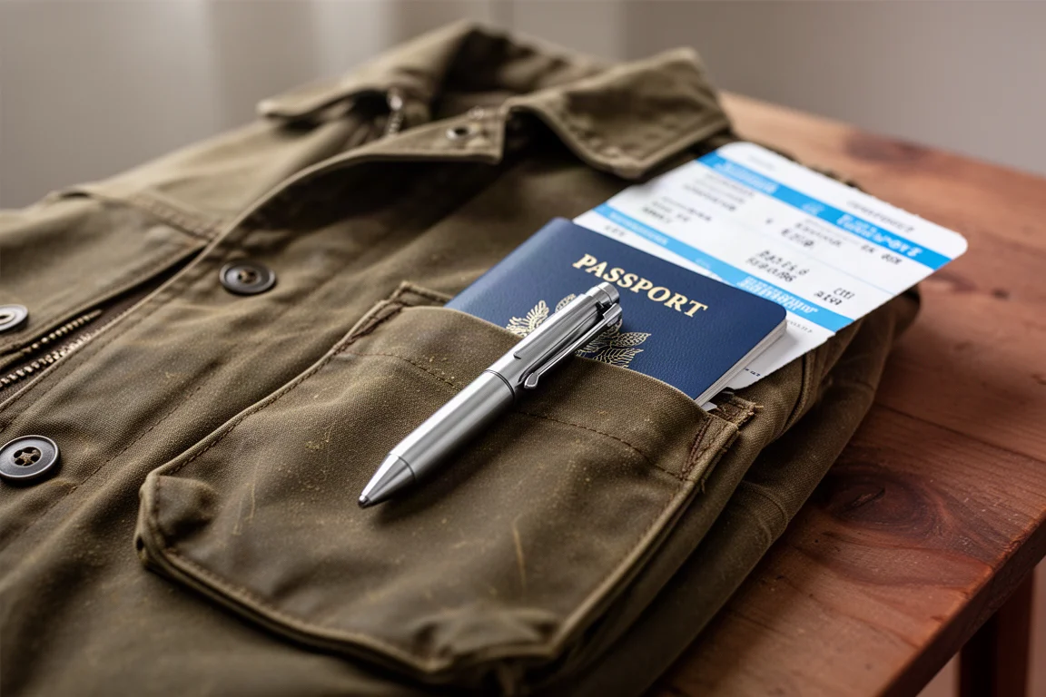 Short compact pen clipped inside a jacket pocket for travel