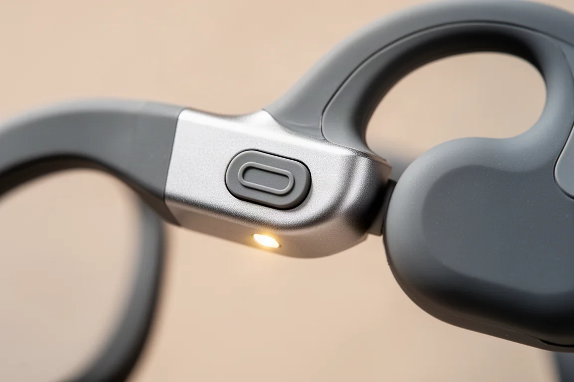 Close-up van de kleine bedieningsknop op de hoofdband van een headset