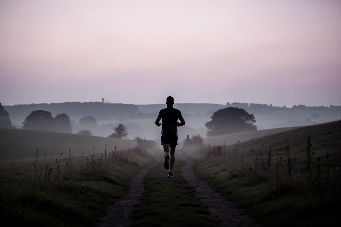 Hardloper in silhouet luisterend tijdens een lange training op het platteland in de schemering