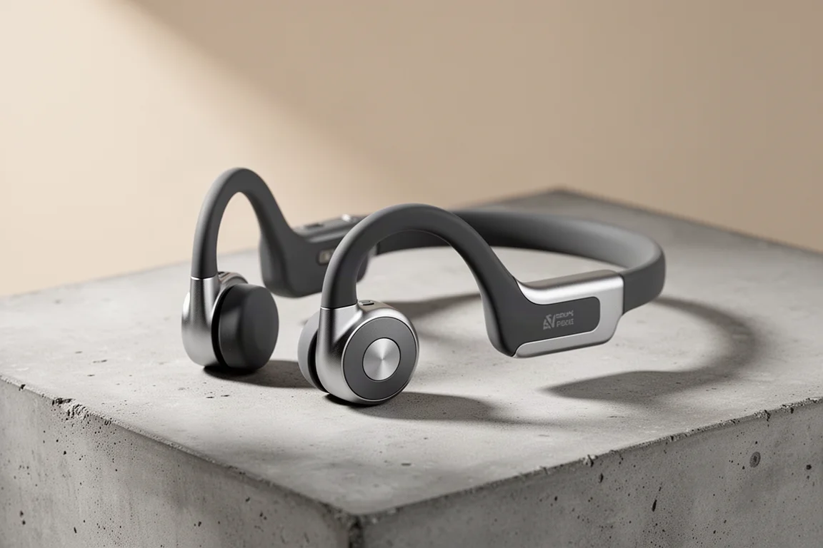 IO Breezy bone conduction headphones in grey and silver on a concrete surface