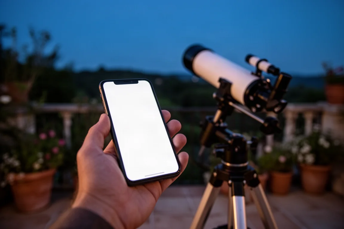 Smartphone mit einer Sternbeobachtungs-App, das in der Abenddämmerung eine Teleskopmontierung steuert