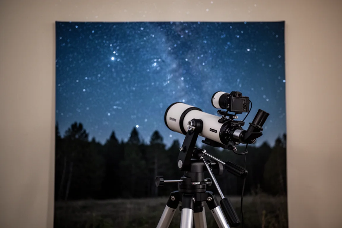 Astrofotografie-Setup mit Kamera und Leitrohr, das nachts den Orionnebel ablichtet