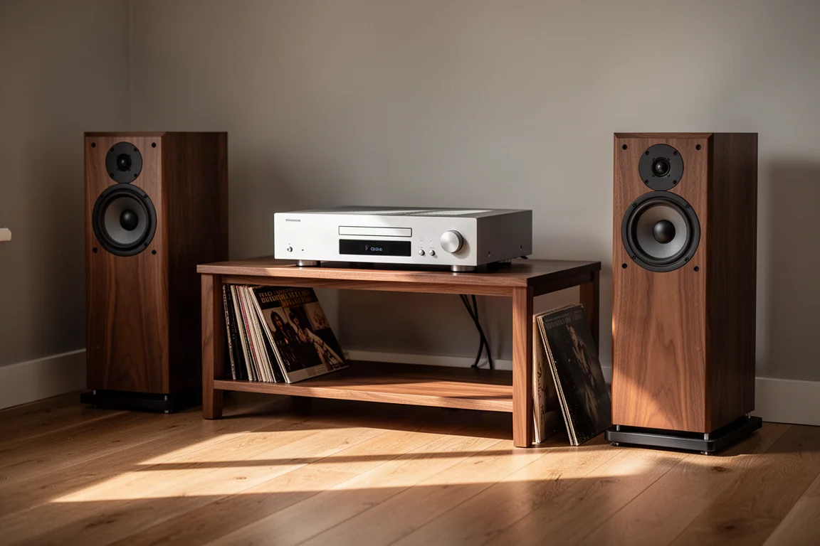 Rack de hi-fi na sala de estar com caixas acústicas e luz quente do fim da tarde