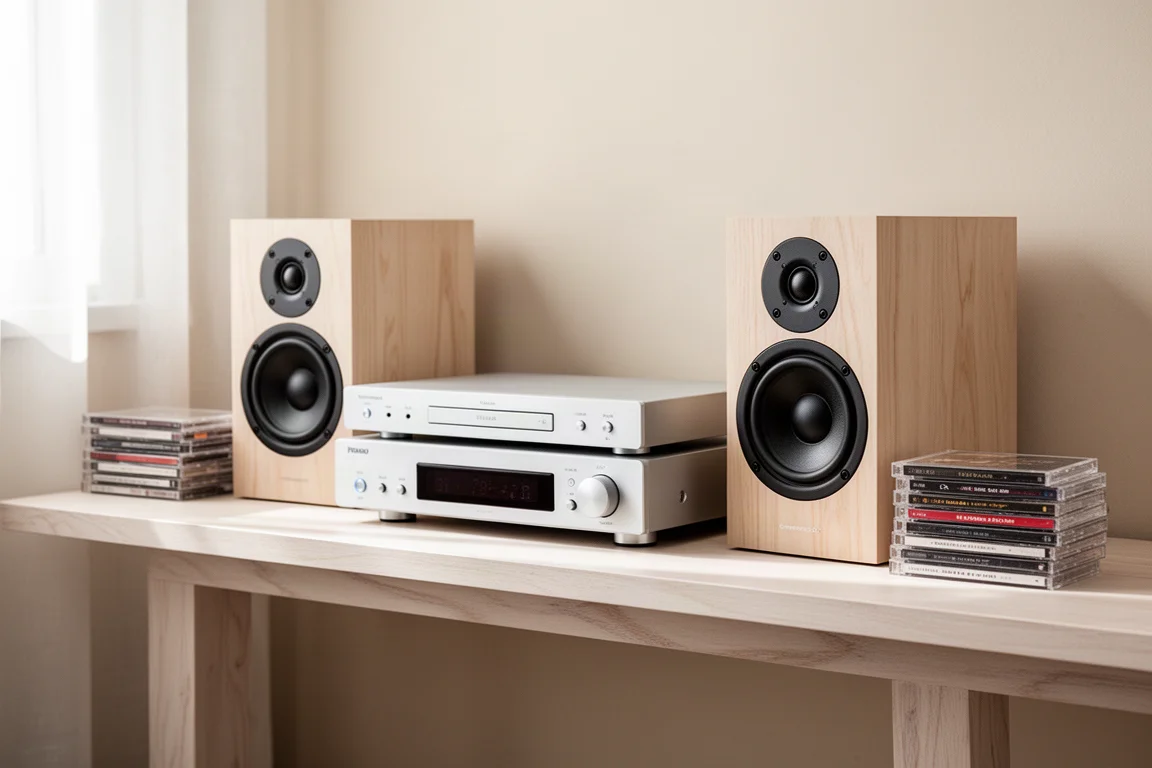 Sistema hi-fi compacto em prateleira de apartamento com caixas bookshelf e CDs