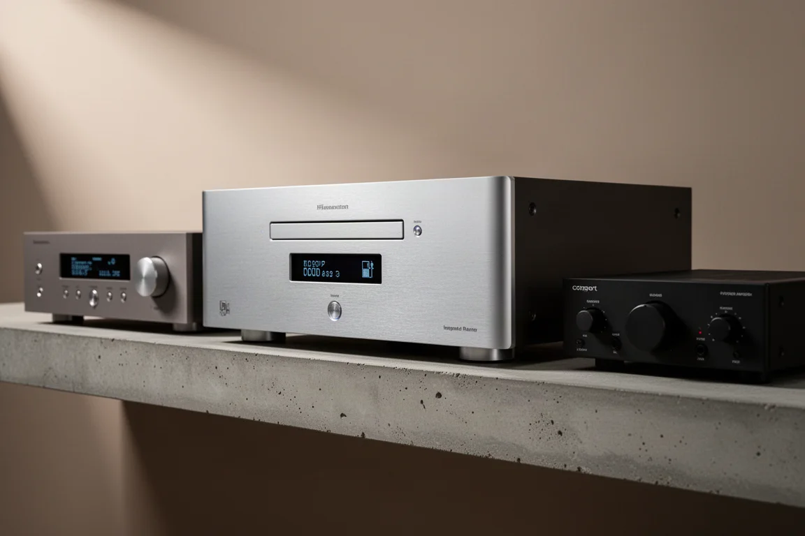 Full-width hi-fi digital front end with CD slot beside a matching amplifier and power amplifier