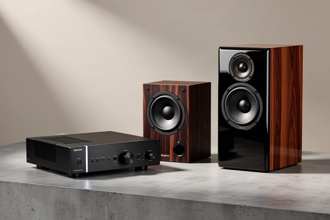 Integrated amplifier and two standmount speakers arranged on a concrete surface