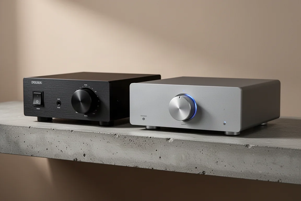 Two compact integrated amplifiers side by side on a concrete shelf