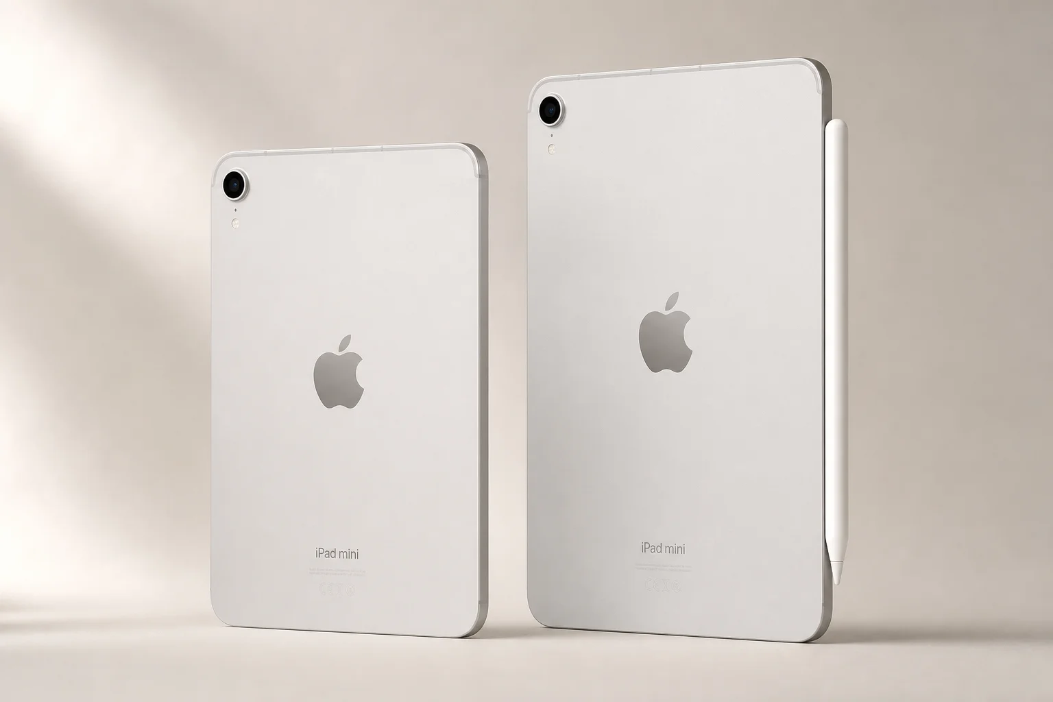 iPad Mini 6 與 iPad Mini 5 平板電腦搭配 Apple Pencil 放置於中性背景上