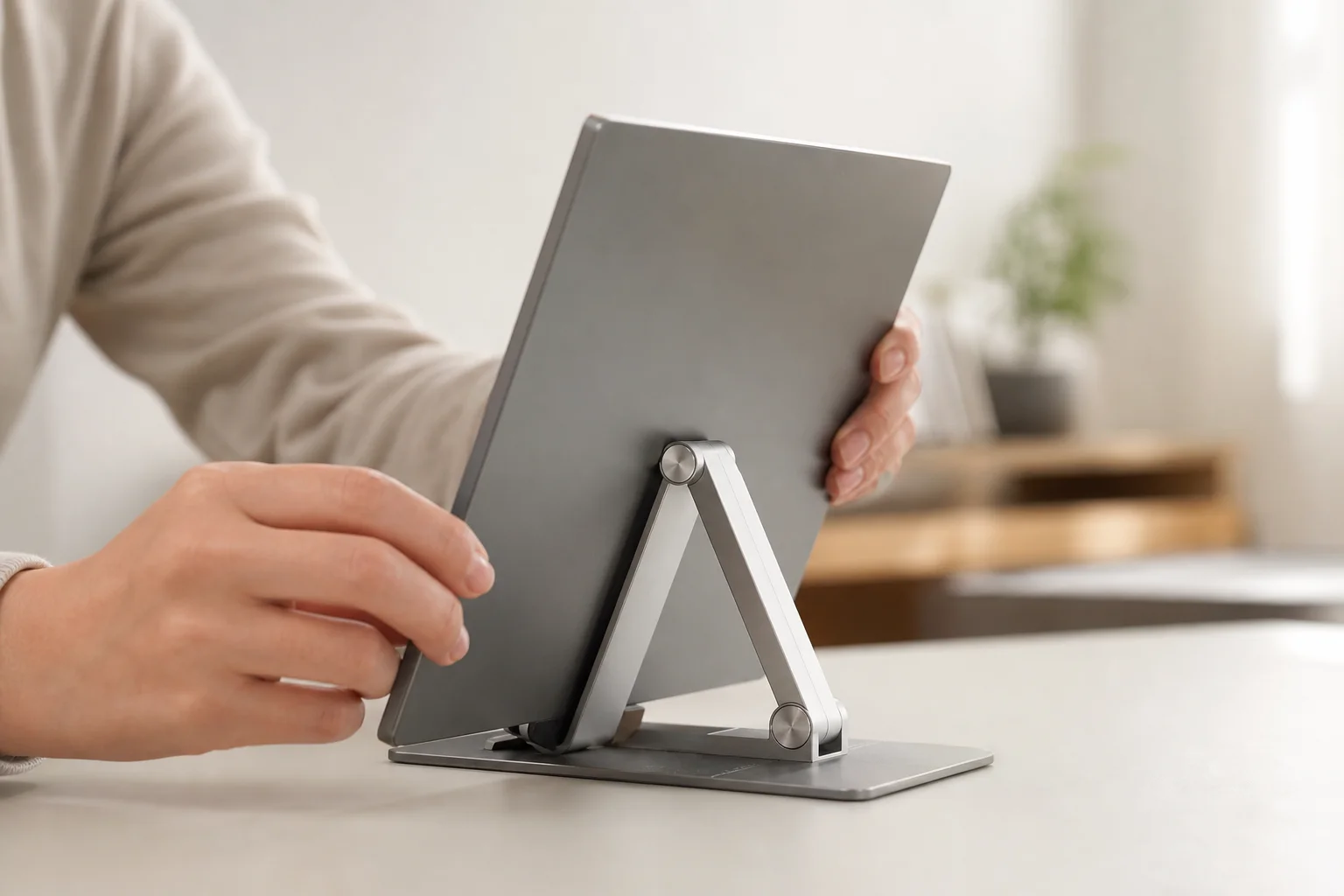 Hands adjusting the angle of a portable display stand on a desk