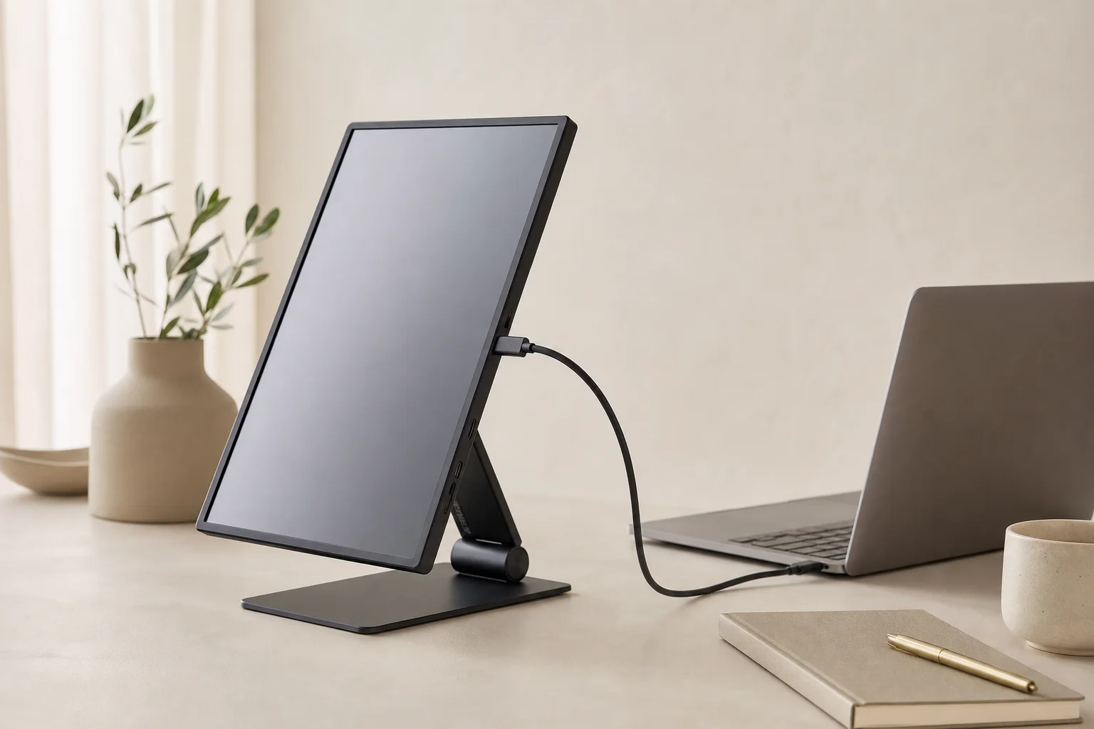 A portable display mounted on a desk with USB-C cable connected to a laptop