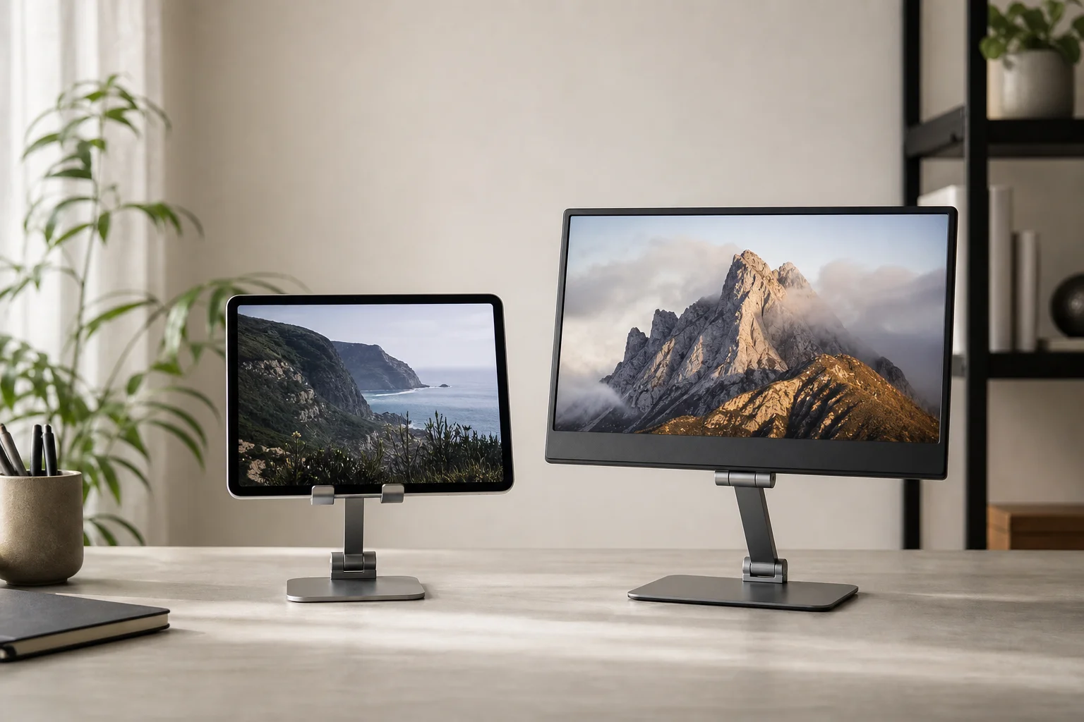 An iPad and portable display side by side on a desk setup