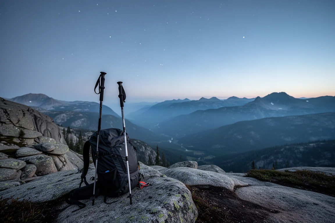 Obóz na odludziu o zmierzchu z plecakiem i kijkiem trekkingowym na granitowym grzbiecie