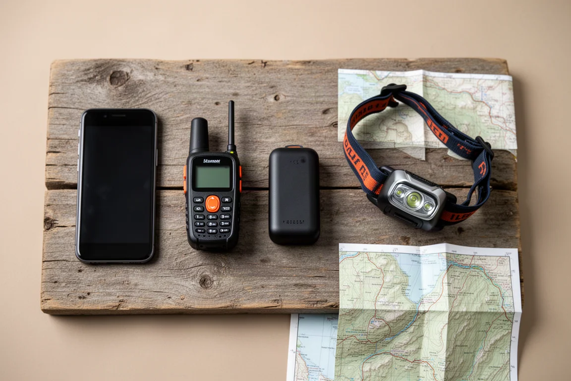 Zdjęcie z góry: smartfon, komunikator satelitarny, powerbank, latarka czołowa i mapa