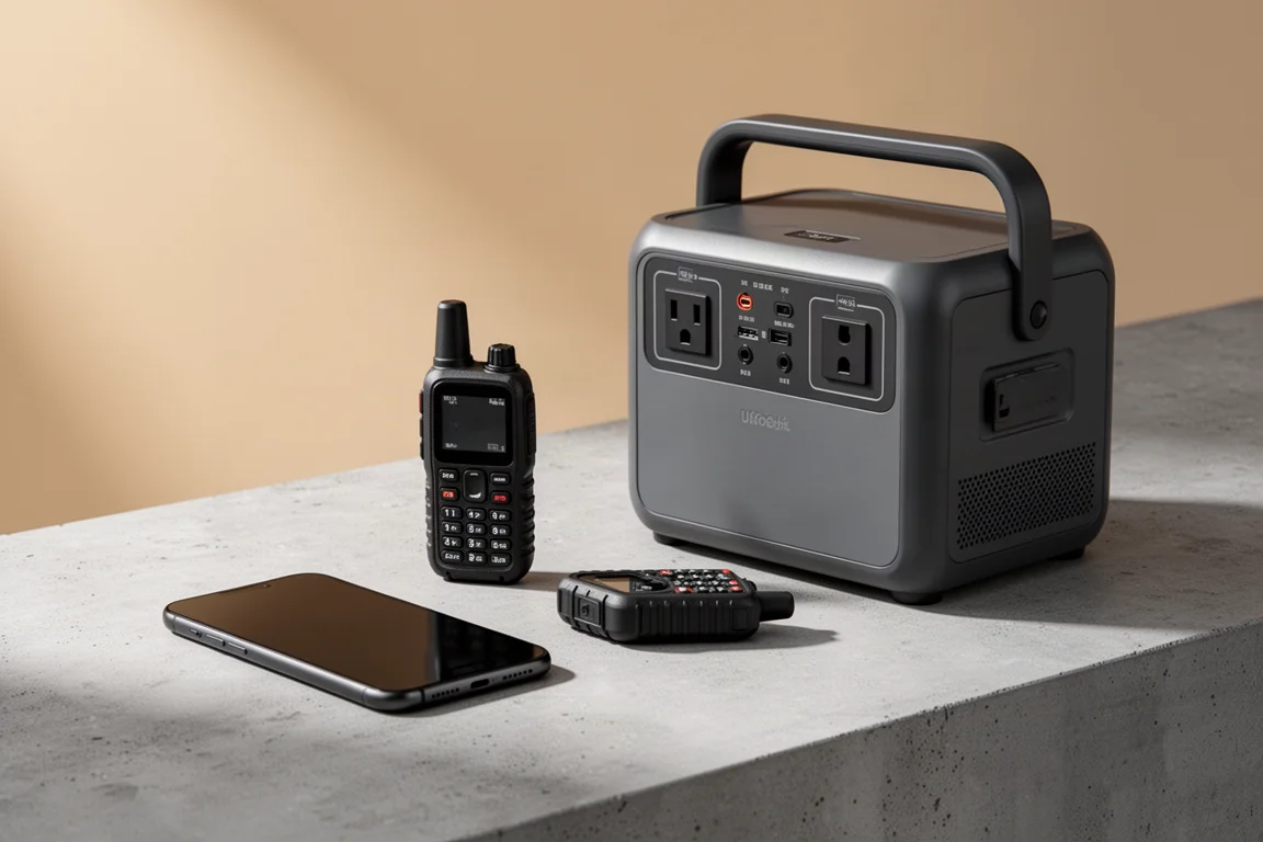 Smartphone, comunicatore satellitare e power station portatile disposti su cemento
