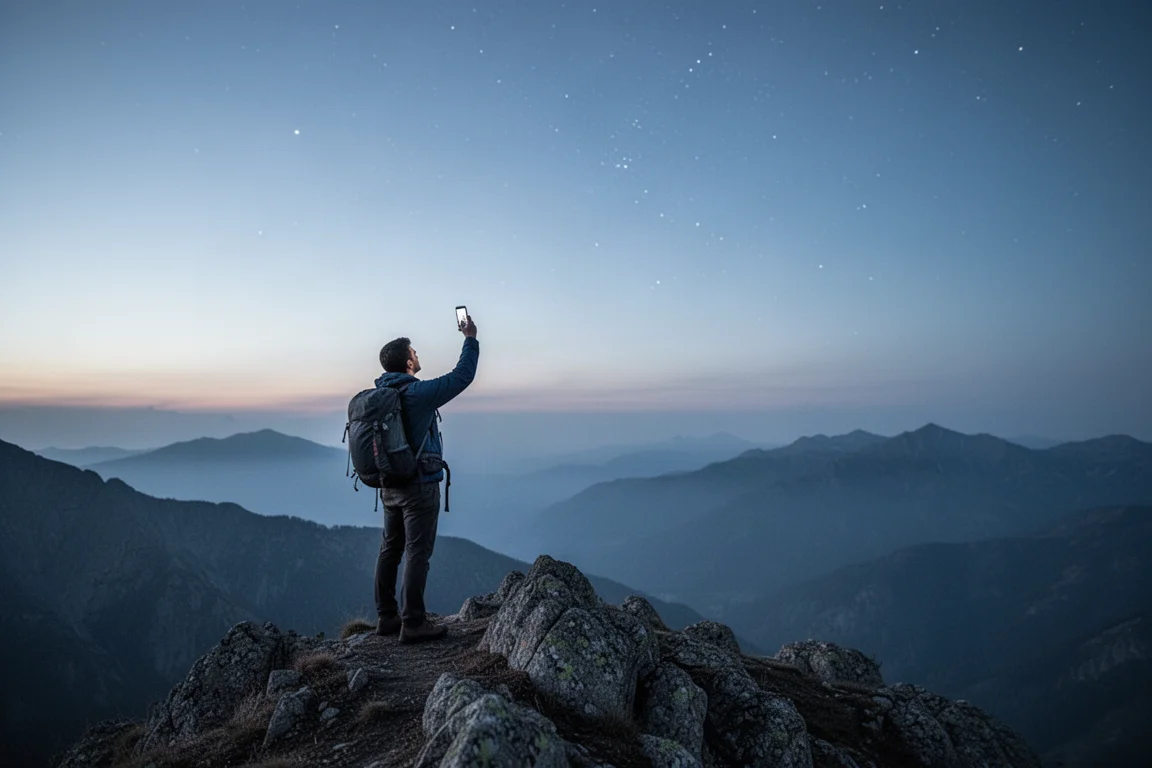 Hiker aiming a phone toward the sky on a ridge at dusk