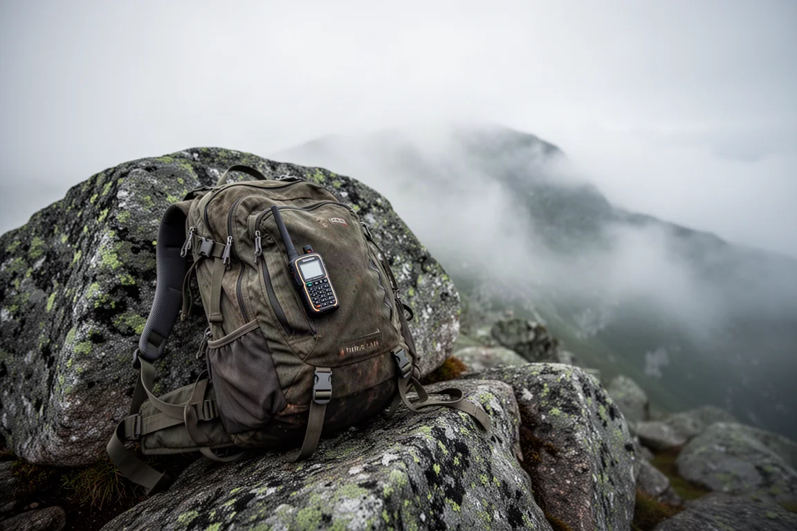 Backpack resting against a granite boulder on a misty alpine ridge