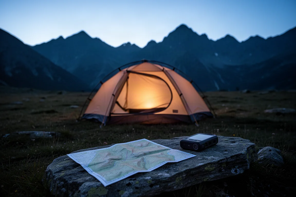 Campsite at blue hour with a glowing tent and a map on a rock